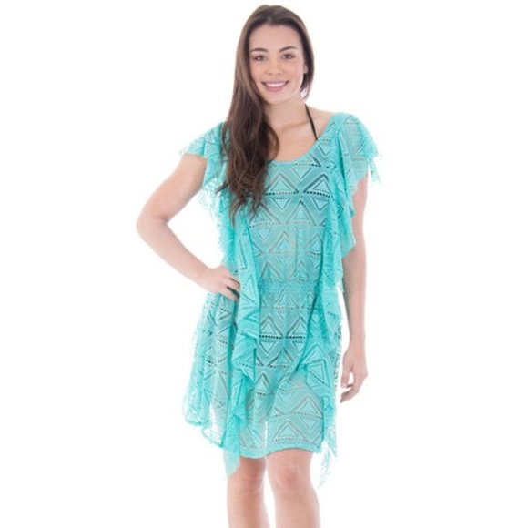 Crochet Swimsuit Cover Up Beach Dress Teal S/M - Picture 2 of 6